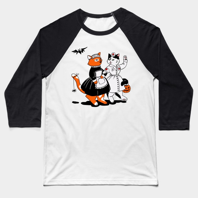 two cats in costumes nurse and maid trick and threats Baseball T-Shirt by Vikki.Look
